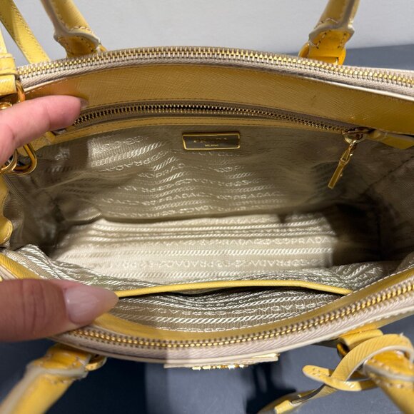 Prada Saffiano Small Gallria Double Zip Yellow Tote Bag - Picture 6 of 8